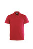 A red polo shirt with a collar and short sleeves, featuring a logo on the chest area.
