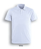 A white polo shirt with a collar and three buttons, featuring a logo on the chest.