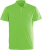 A bright green polo shirt with a collar and three buttons, featuring a logo on the upper left.