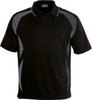 A black sports polo featuring grey side panels and a collar. It has a logo on the chest area.
