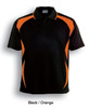 A black and orange sports polo featuring a logo, designed for kids' sports uniforms.