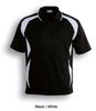 A black sports polo with white accents and a logo, designed for kids' athletic activities.