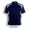 A polo shirt in navy blue with sky blue accents and a logo on the chest. Suitable for sports uniforms.