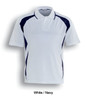 A white and navy sports polo featuring a mesh design and a collar. It includes a small logo on the chest.