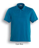 A cyan blue polo shirt with a collar and short sleeves, featuring a logo on the chest.