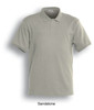 A sandstone polo shirt with a classic collar and short sleeves; features a logo on the chest.