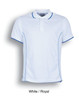 A white polo shirt with royal blue accents and a logo, featuring short sleeves and a collar.