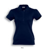 A navy ladies fashion polo shirt with a collared neckline and short sleeves, featuring buttons and a logo.