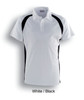 A white and black short sleeve polo shirt with contrast panels and a collar, featuring a logo.