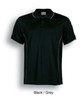 A black and grey short sleeve polo shirt with a collar and contrasting detailing. It has a logo on the chest.