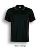 A black polo shirt with orange accents and a logo on the chest. Short sleeves and a classic collar.