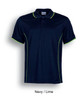 A navy polo shirt with lime accents, featuring a collar and buttons, along with a logo.