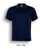 Navy polo shirt with red accents, featuring a collar and a logo. Short sleeves and a classic fit.