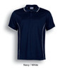 Navy and white short sleeve polo shirt featuring a logo and contrasting details.
