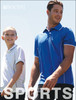 Two models wearing polo shirts, one in white and one in blue, set against a clear sky. Each shirt features a logo.