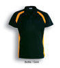 A black polo shirt with gold contrast panels and a logo on the chest.