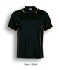 A black polo shirt with gold accents and a logo, featuring short sleeves and a collar.