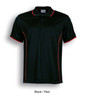 A black and red polo shirt with contrasting trim and a logo on the chest area. Short sleeves and classic collar design.
