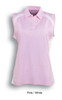 A ladies sleeveless polo shirt in pink with white contrast panels and a collar. It features a logo.