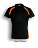 A black polo shirt with orange contrast panels and a collar, featuring a branding logo.