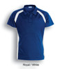 A royal blue and white polo shirt with a contrast panel design and a branding logo.