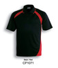 A black and red unisex dynamic polo shirt featuring a logo on the collar.