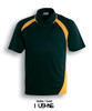 A unisex dynamic polo shirt in bottle green and gold with a logo on the chest.