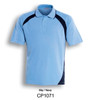 A sky blue and navy unisex polo shirt with a collar and short sleeves, featuring branding on the front.