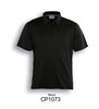 A black unisex golf polo shirt with a collar and a logo on the chest.