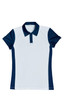 A women's sports polo in light blue with dark blue accents and a collar. It features a buttoned placket and logo.