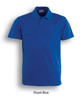 A royal blue polo shirt featuring a collar and three button placket, with a logo on the chest.