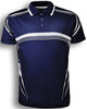 A navy blue sublimated polo shirt featuring white striped designs and a logo. Suitable for unisex adults.