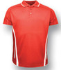 A red unisex polo shirt with white side accents and a collar. The shirt features a branding logo.