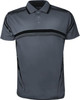 A grey polo shirt featuring black striped designs and a collar, with a logo on the left side.
