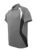 A unisex sports panel polo shirt featuring grey, black, and white colours, with a logo on the chest.