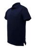 A navy unisex cotton polo shirt featuring a collar and a button placket, with a logo on the chest.
