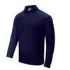 A navy unisex long sleeve polo shirt with a collar and buttons, featuring a logo on the chest.