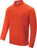 An orange long sleeve polo shirt for unisex adults, featuring a collar and a logo.