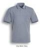 A grey marle and navy unisex adult pocket polo shirt featuring a collar and a logo.