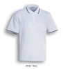 A white polo shirt with navy trim and a chest pocket, featuring a logo on the collar.