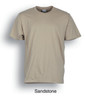 A plain sandstone cotton tee shirt with a crew neck and short sleeves. It features a logo on the label.