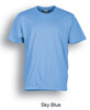 A sky blue plain cotton tee shirt with a round neckline, featuring a logo branding.