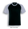 A unisex raglan sleeve tee shirt featuring black and snow marle colours. The shirt has a logo on the label.