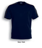 A navy T-shirt with gold accents on the shoulders, featuring a logo.