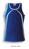 A royal blue and white singlet featuring a sporty design and a branding logo.