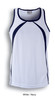 A white and navy singlet featuring mesh accents and a logo. Suitable for casual or active wear.