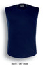 A sleeveless tank top in navy blue with sky blue accents and a logo.