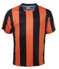 A striped football jersey in orange and black, featuring short sleeves and a crew neckline. It has a logo on it.