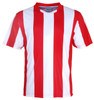 A red and white striped football jersey featuring a crew neck design and a logo. Suitable for unisex adults.