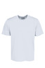 A plain light blue micromesh tee shirt with short sleeves and a crew neckline. It features a logo on the label.